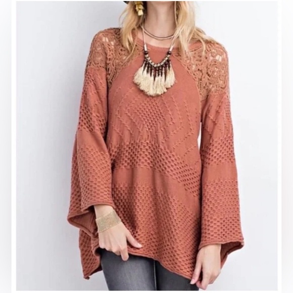Anthropologie Tops - Anthropologies Easel Boho Textured knit Crochet Sweater Tunic Bell sleeves M/L